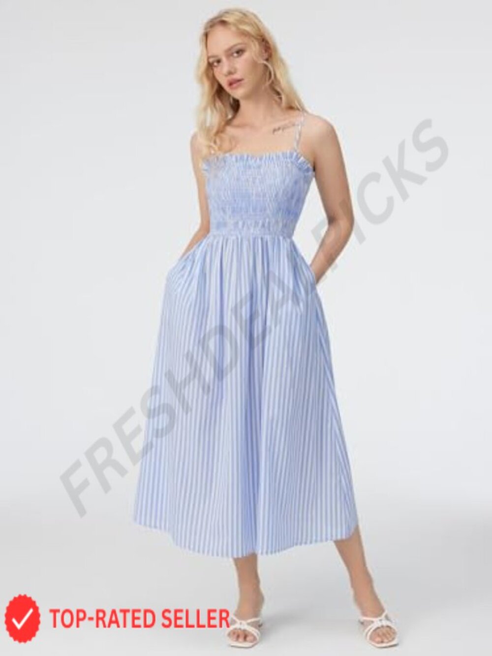 Striped Midi Sundress with Pockets Flowy A-Line Spaghetti Strap Beach Vacation - Picture 2 of 6
